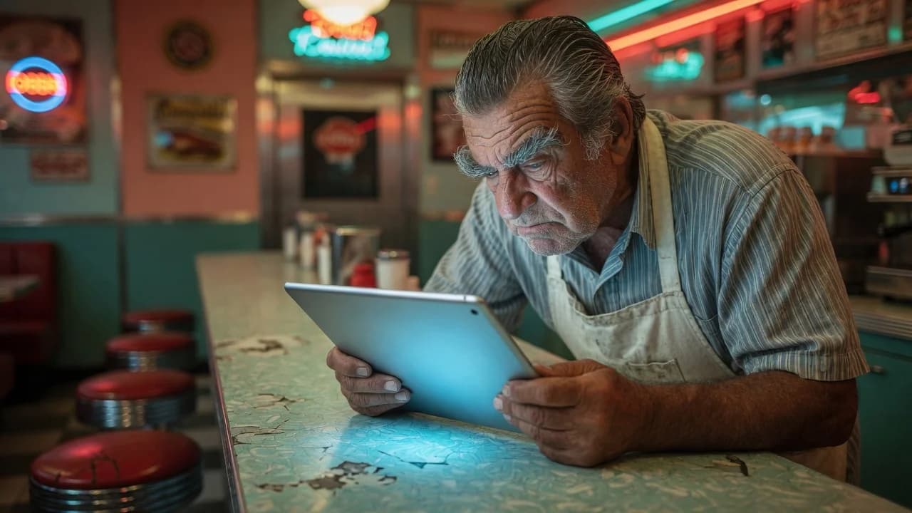 Suspicious old-school diner owner squinting nose-to-screen at a glowing tablet on his counter