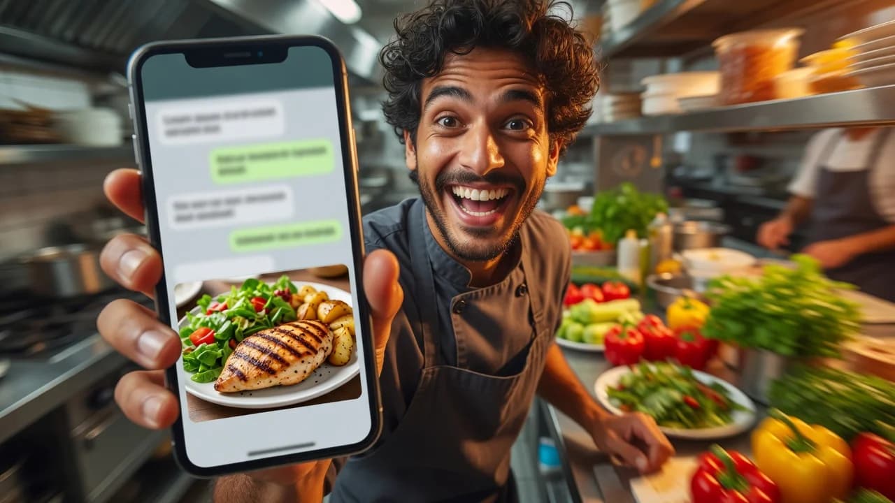 Thrilled restaurant worker showing a phone with a messaging chat and an incoming food order photo